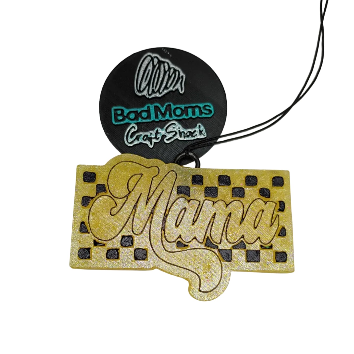 This car freshener features a yellow base with black checkered pattern and the word "Mama" outlined in black.