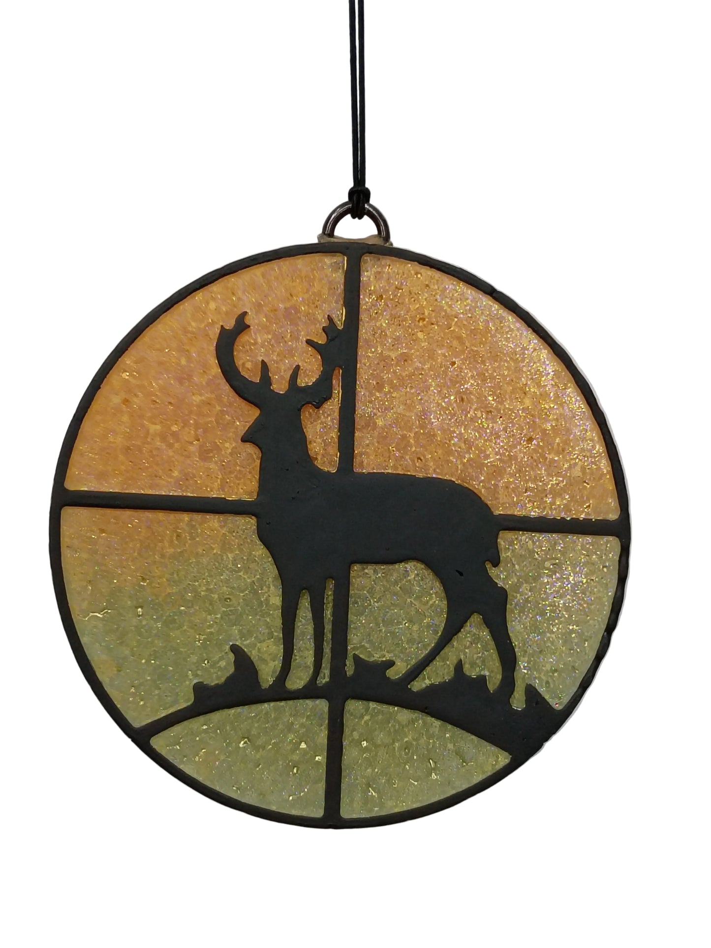Buck in sights silhouette on a green and orange ombre base  for a sunset look. 