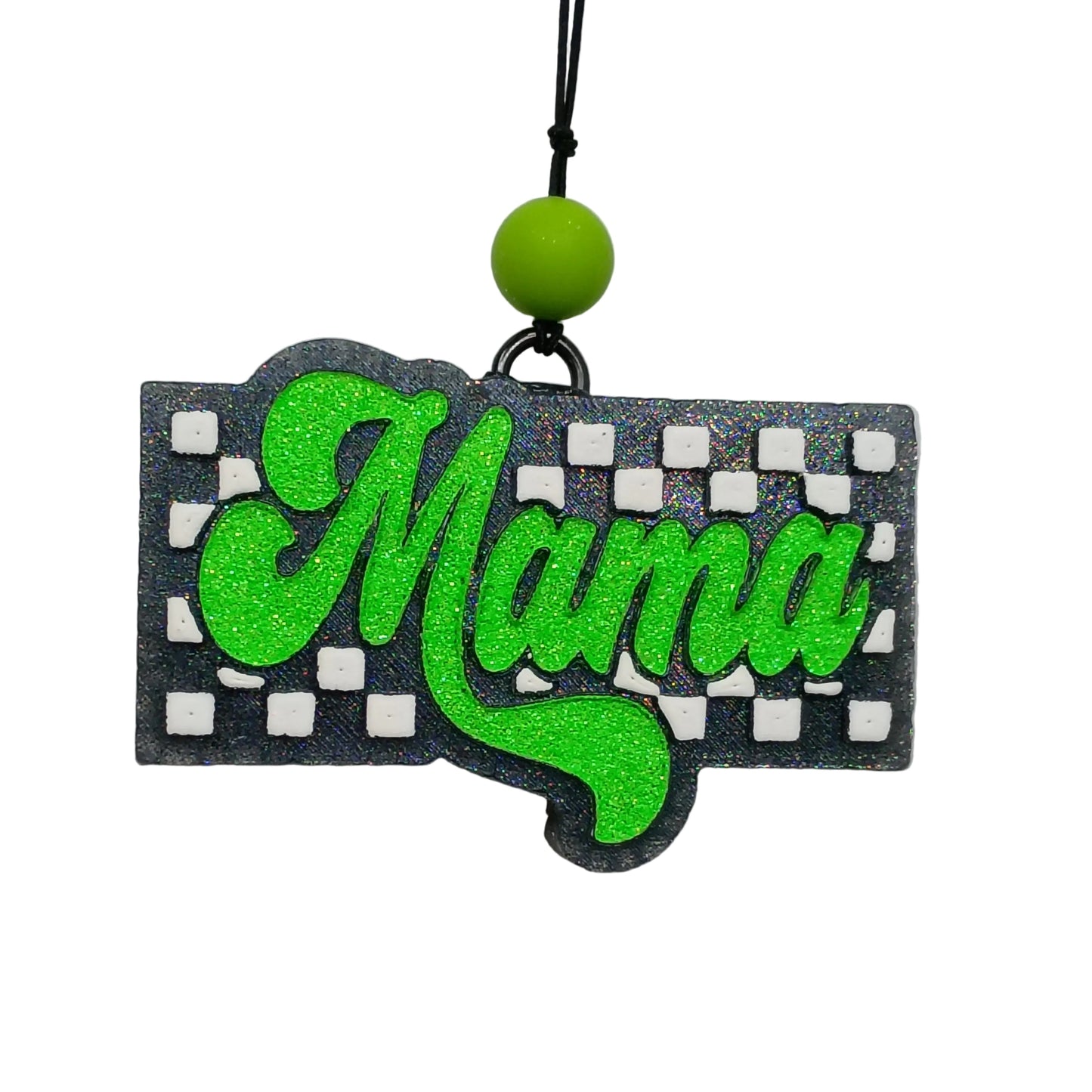 This car freshener features a black base with white checkered pattern and the word "Mama" in neon green glitter. A matching green bead at the top make it extra cute. 