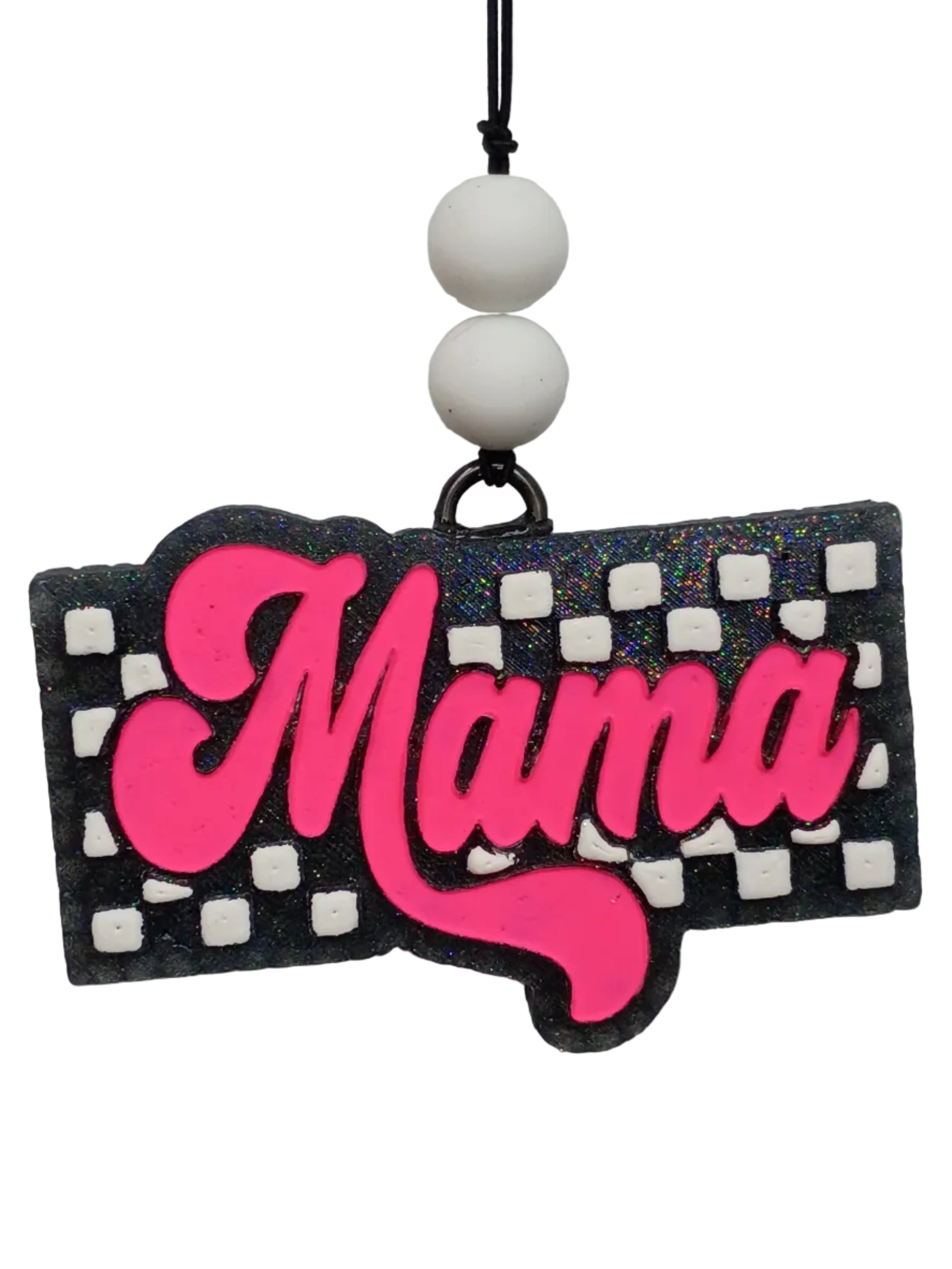 This car freshener features a black base with white checkered pattern and the word "Mama" in hot pink. Two white beads at the top make it extra cute. 