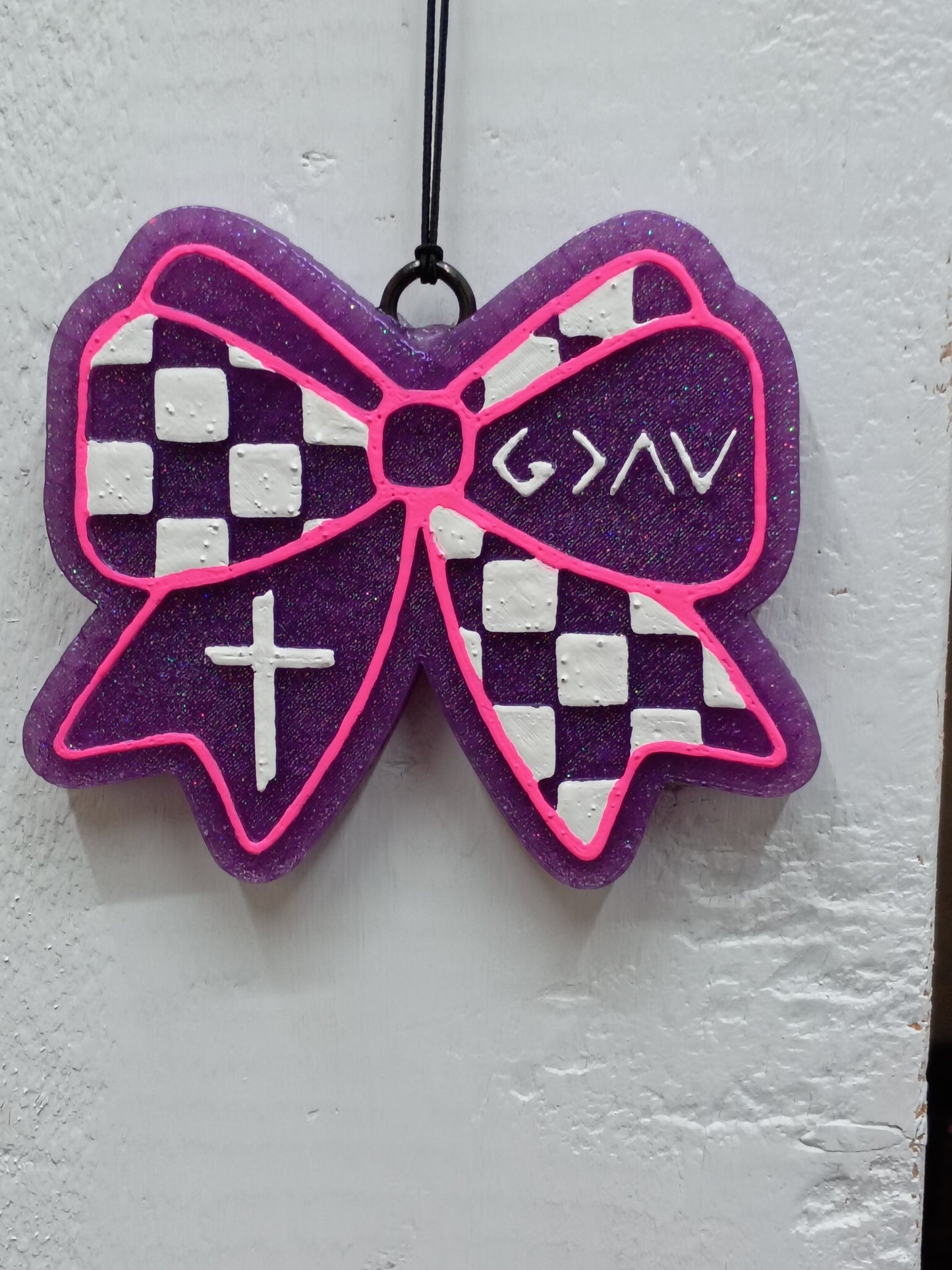 "God is greater than.." checkered Bow  Freshie---Christian Bow with Cross car freshener