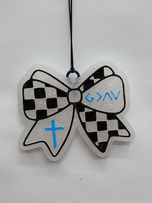"God is greater than.." checkered Bow  Freshie---Christian Bow with Cross car freshener