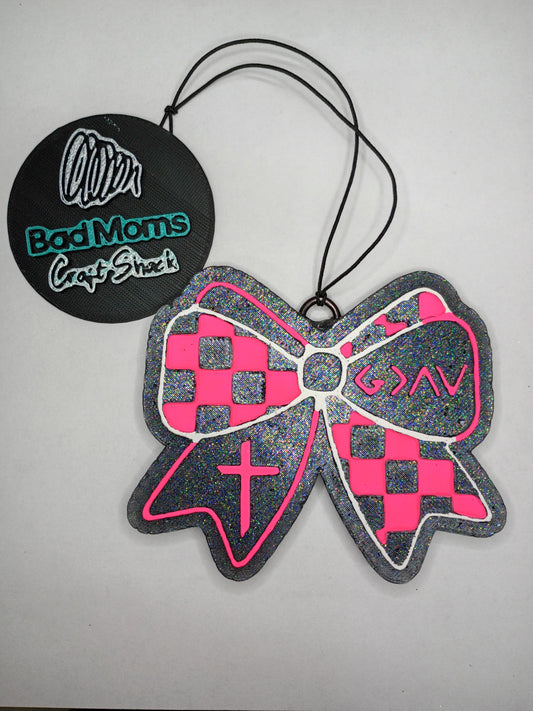 "God is greater than.." checkered Bow  Freshie---Christian Bow with Cross car freshener