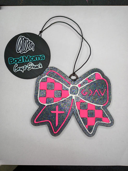 "God is greater than.." checkered Bow  Freshie---Christian Bow with Cross car freshener