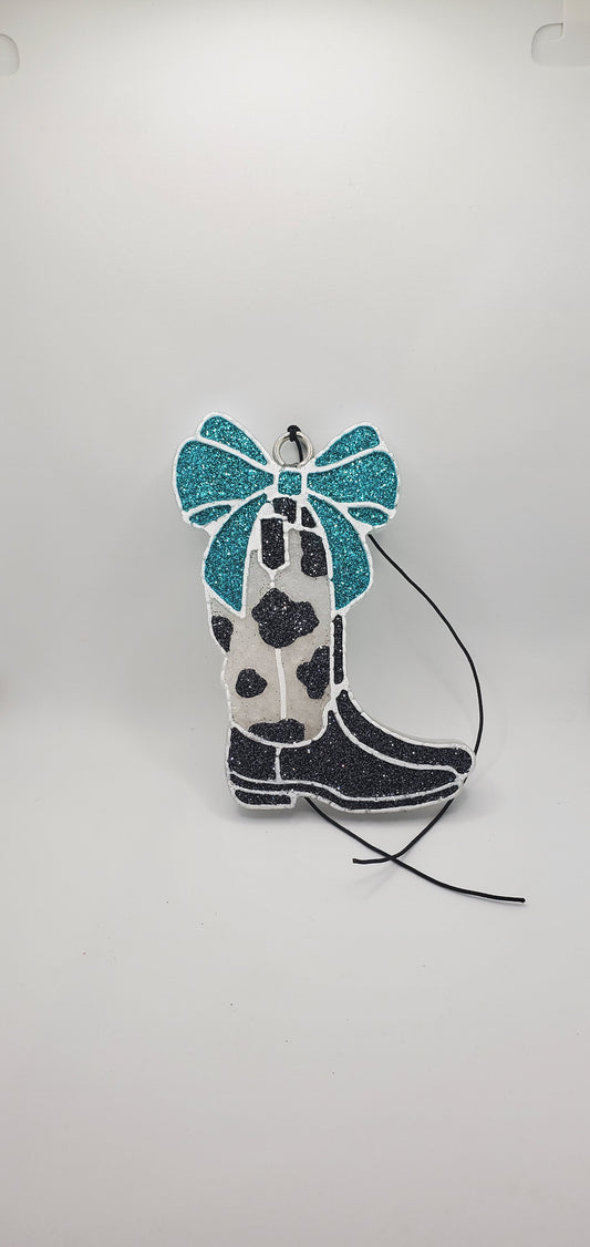 Black Cow Print Boot with Teal Bow
